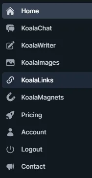 Koala AI sidebar showing all platform features: KoalaWriter, KoalaChat, KoalaImages, KoalaLinks, and KoalaMagnets