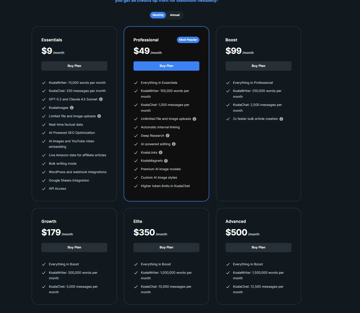 Koala AI pricing from $9/mo Essentials to $500/mo Advanced plans