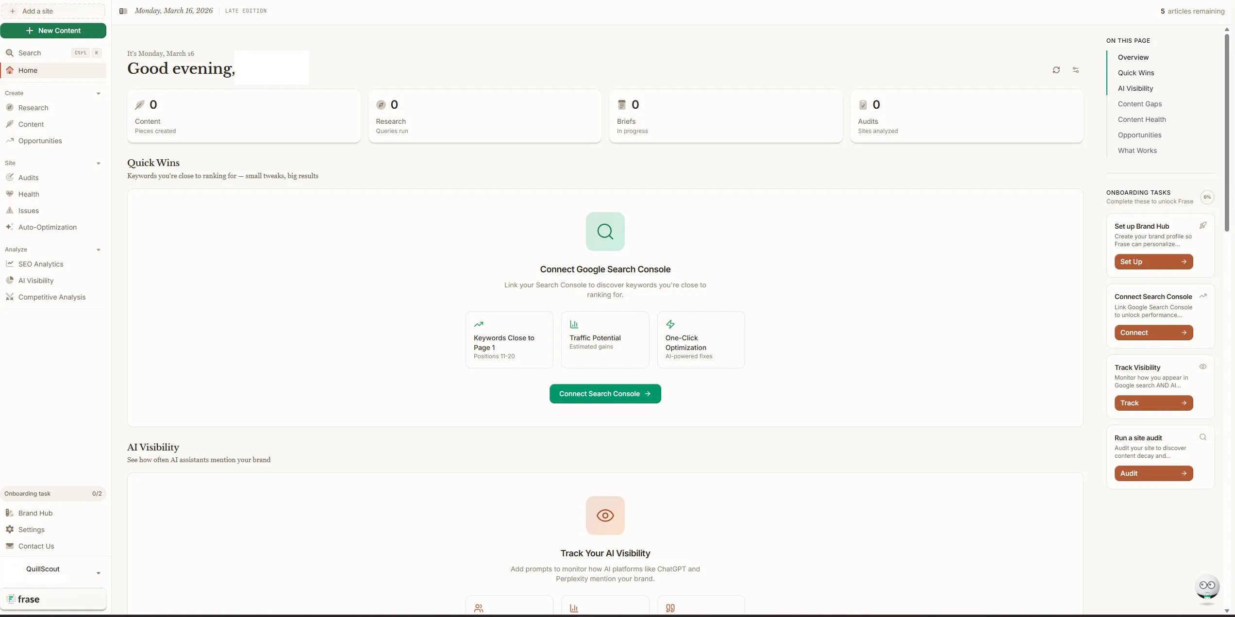Frase.io dashboard showing content briefs, SERP analysis, and AI writing tools