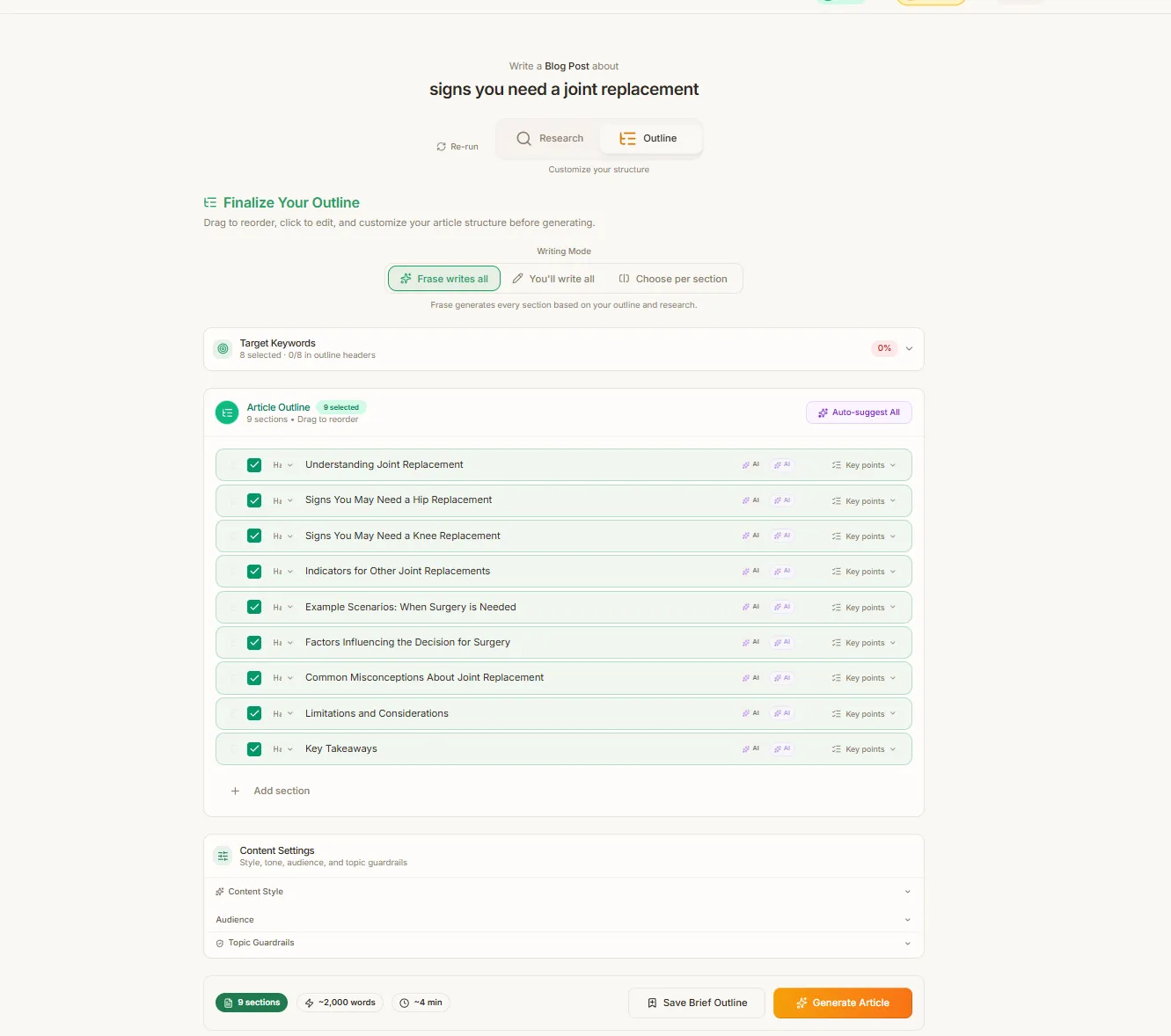 Frase.io generating a content brief for a healthcare keyword, showing SERP analysis and topic recommendations