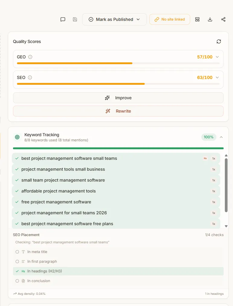 Frase content optimization score with topic coverage and improvement suggestions