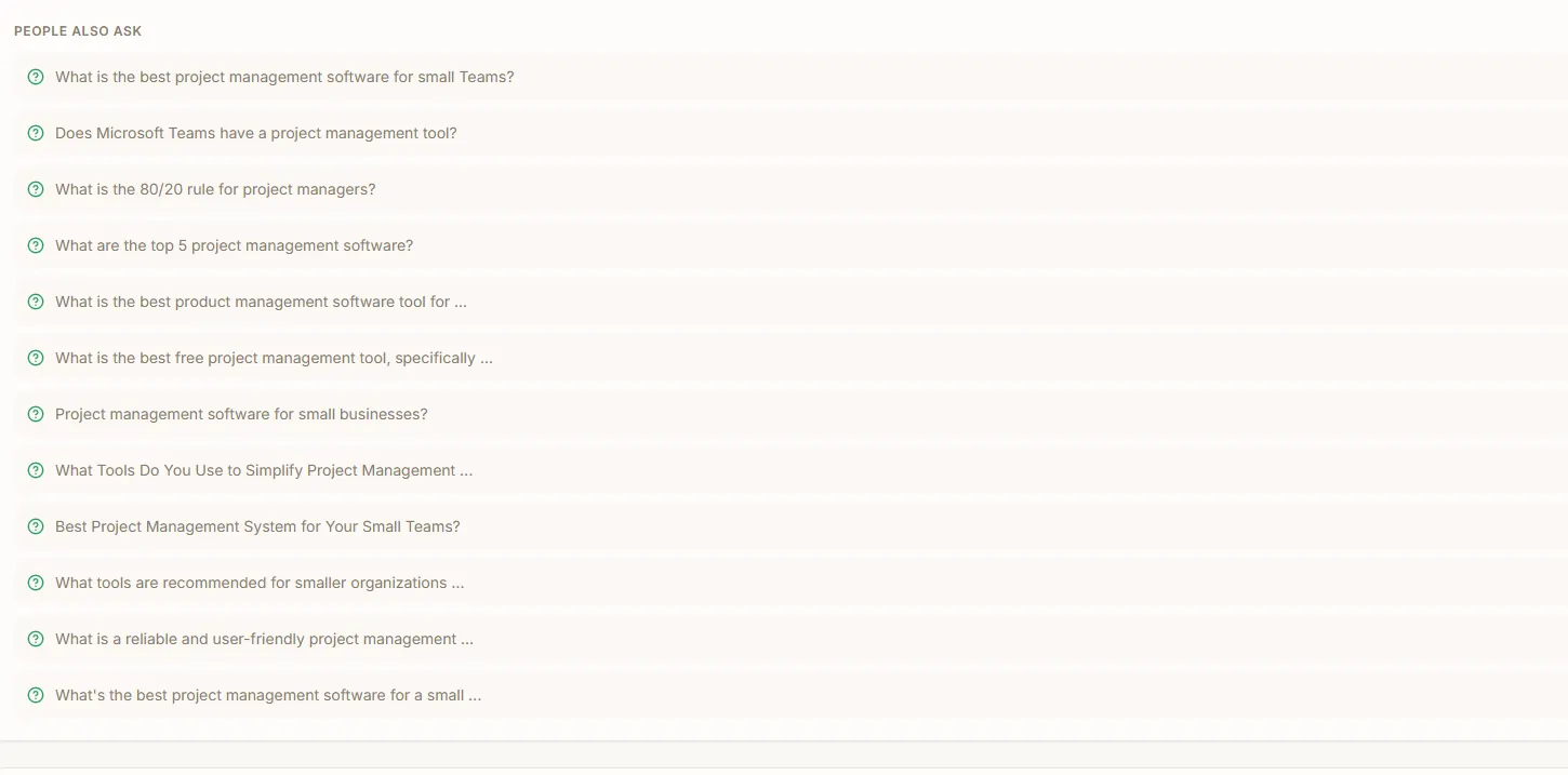 Frase question research showing People Also Ask data and related queries
