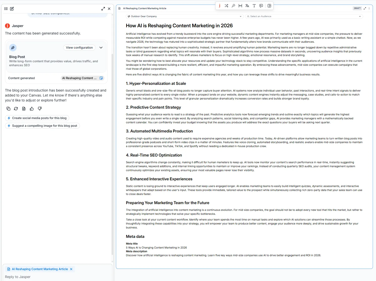 Jasper blog editor interface