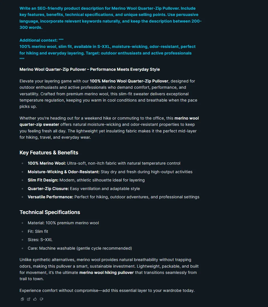 Koala AI generating a product description for a Merino Wool Quarter-Zip Pullover