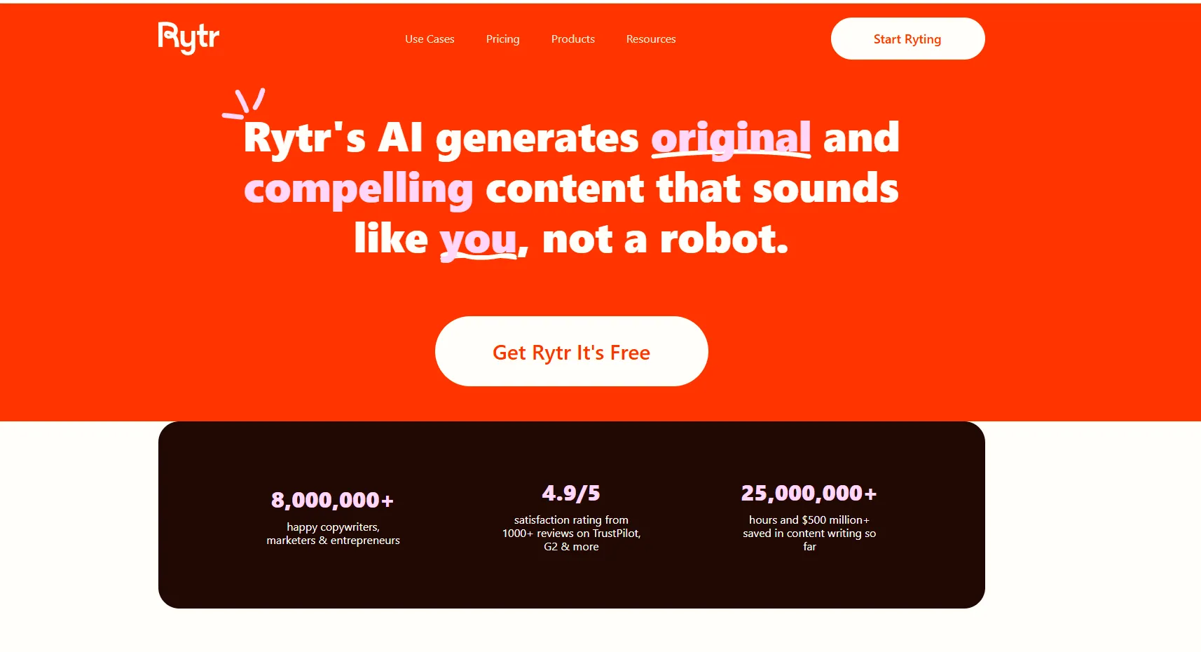 Rytr homepage showing 8 million+ users and 4.9/5 satisfaction rating