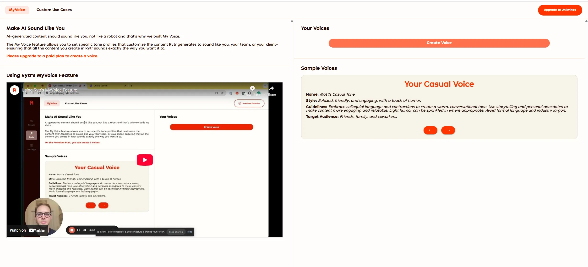 Rytr MyVoice feature showing custom voice profile creation with style and audience settings