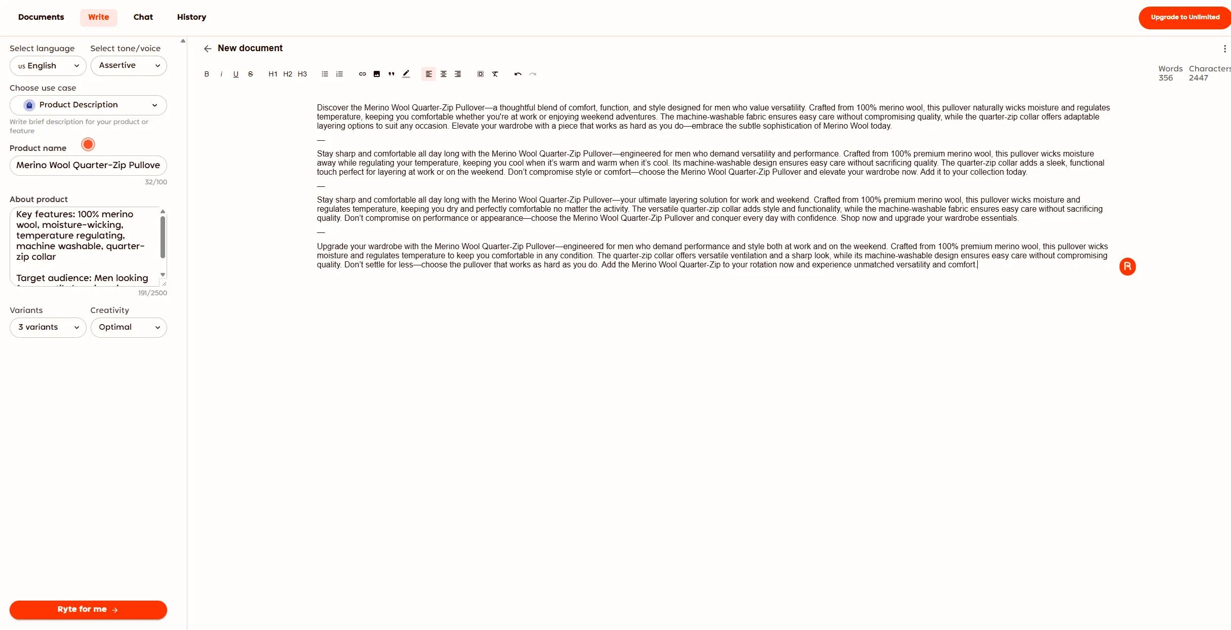Rytr generating 3 product description variants with Assertive tone for the Merino Wool Quarter-Zip Pullover