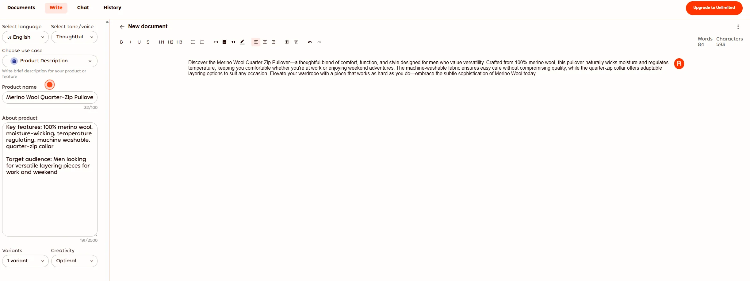 Rytr generating a Merino Wool Quarter-Zip Pullover product description with Thoughtful tone — 84 words, 593 characters