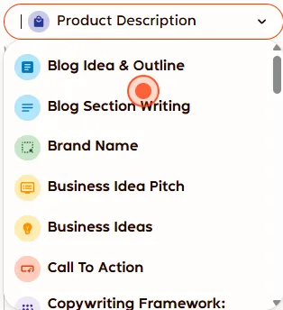 Rytr use case dropdown showing Product Description, Blog Idea and Outline, Blog Section Writing, Brand Name, and more