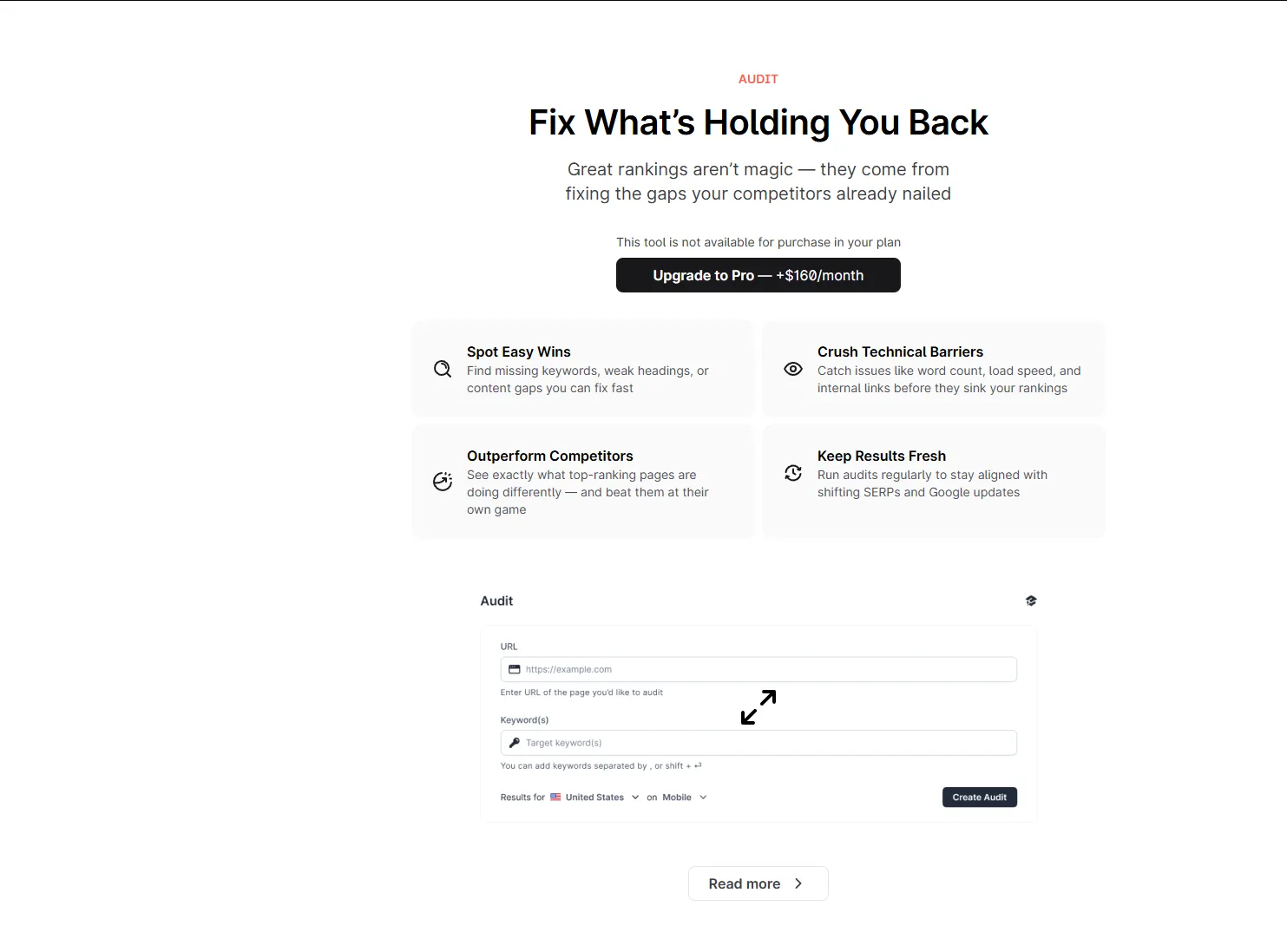 Surfer SEO Content Audit showing recommendations for improving existing content