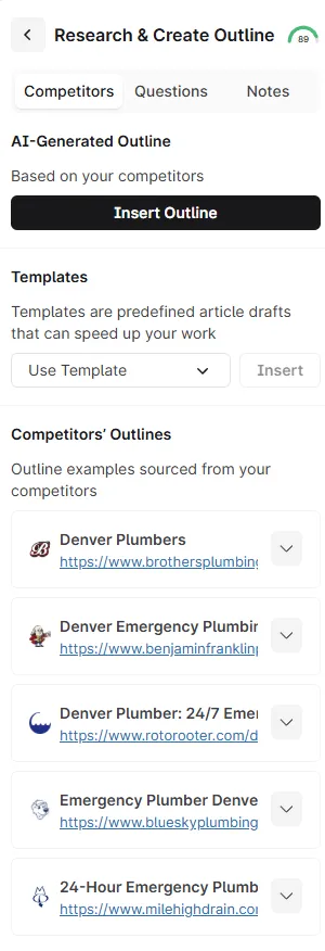 Surfer SEO Content Score with Research, Create, and Outline workflow