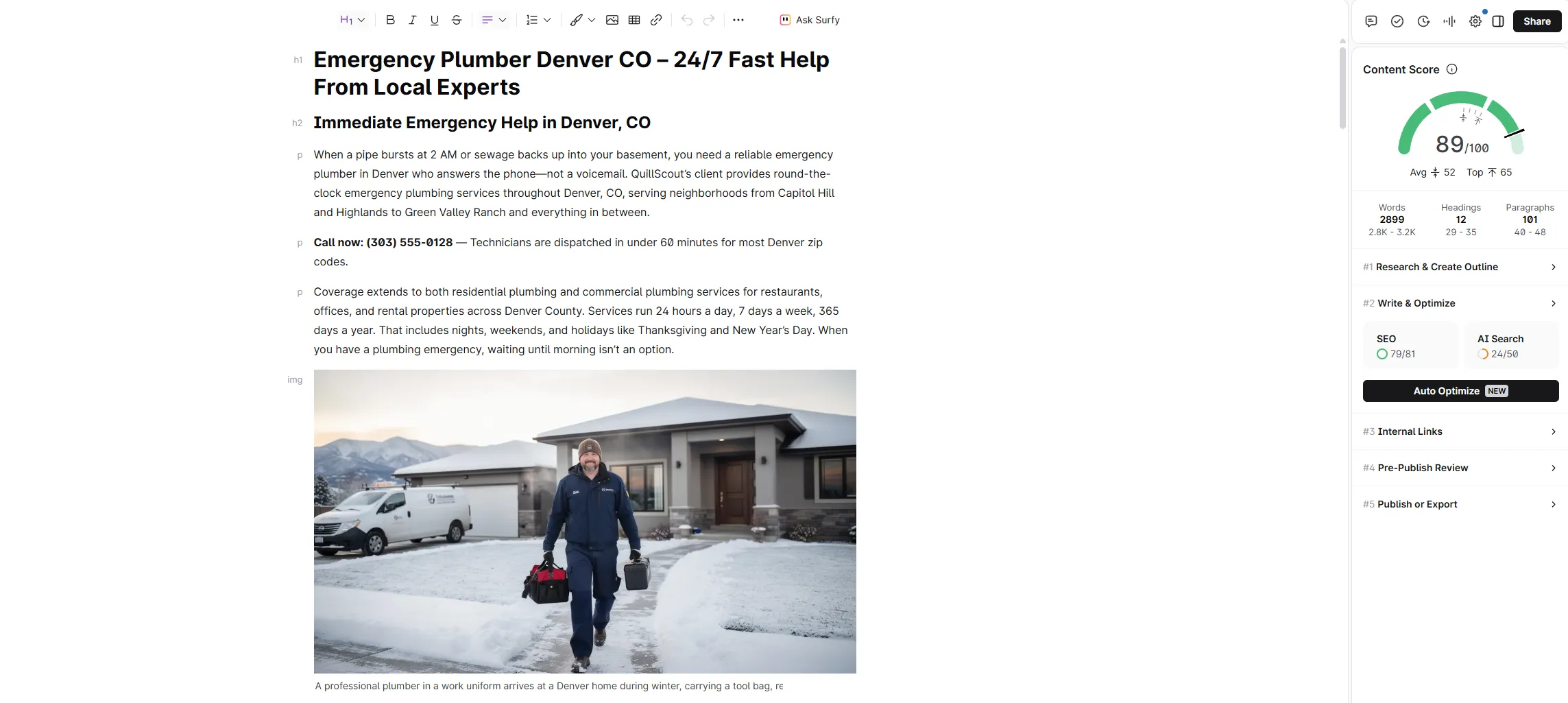 Surfer SEO Content Editor showing real-time Content Score and NLP term sidebar