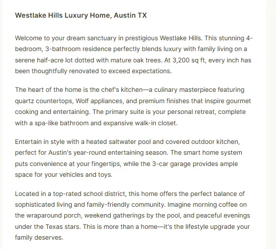 Writesonic bulk listing generation for a Westlake Hills luxury home