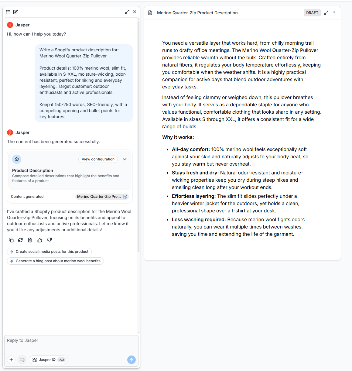 Jasper AI generating a Merino Wool Quarter-Zip Pullover product description