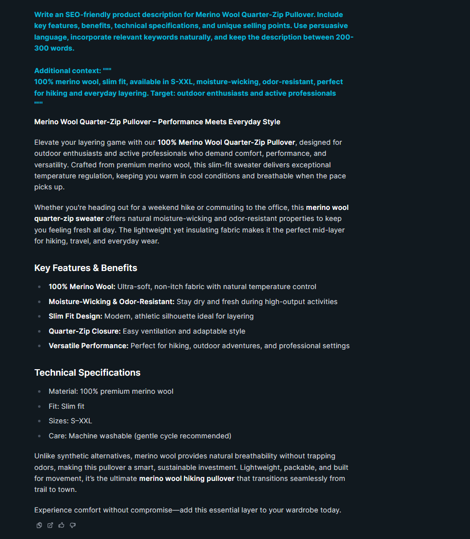 Koala AI generating a product description for a Merino Wool Quarter-Zip Pullover