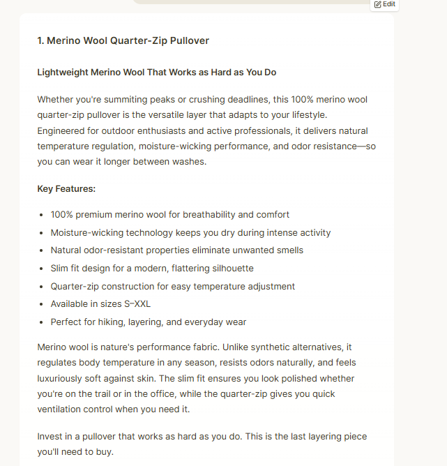 Writesonic generating a Merino Wool Quarter-Zip Pullover product description