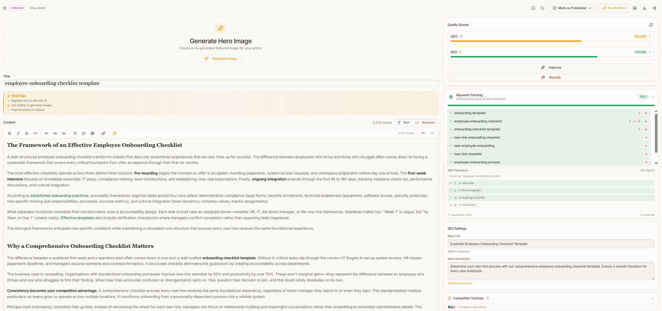Frase SEO brief workflow with optimization targets