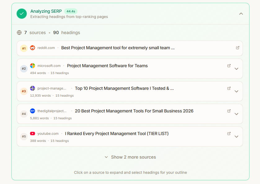 Frase SERP analysis comparison view