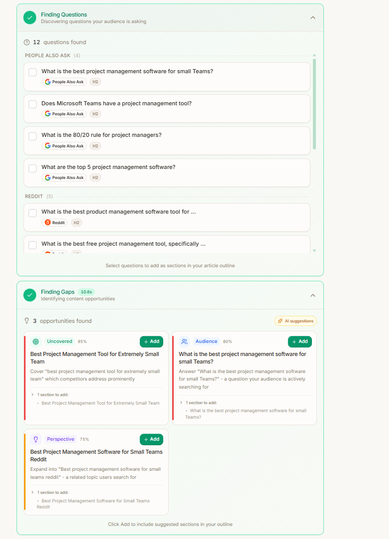 Frase SERP analysis results with competitor headings and word counts
