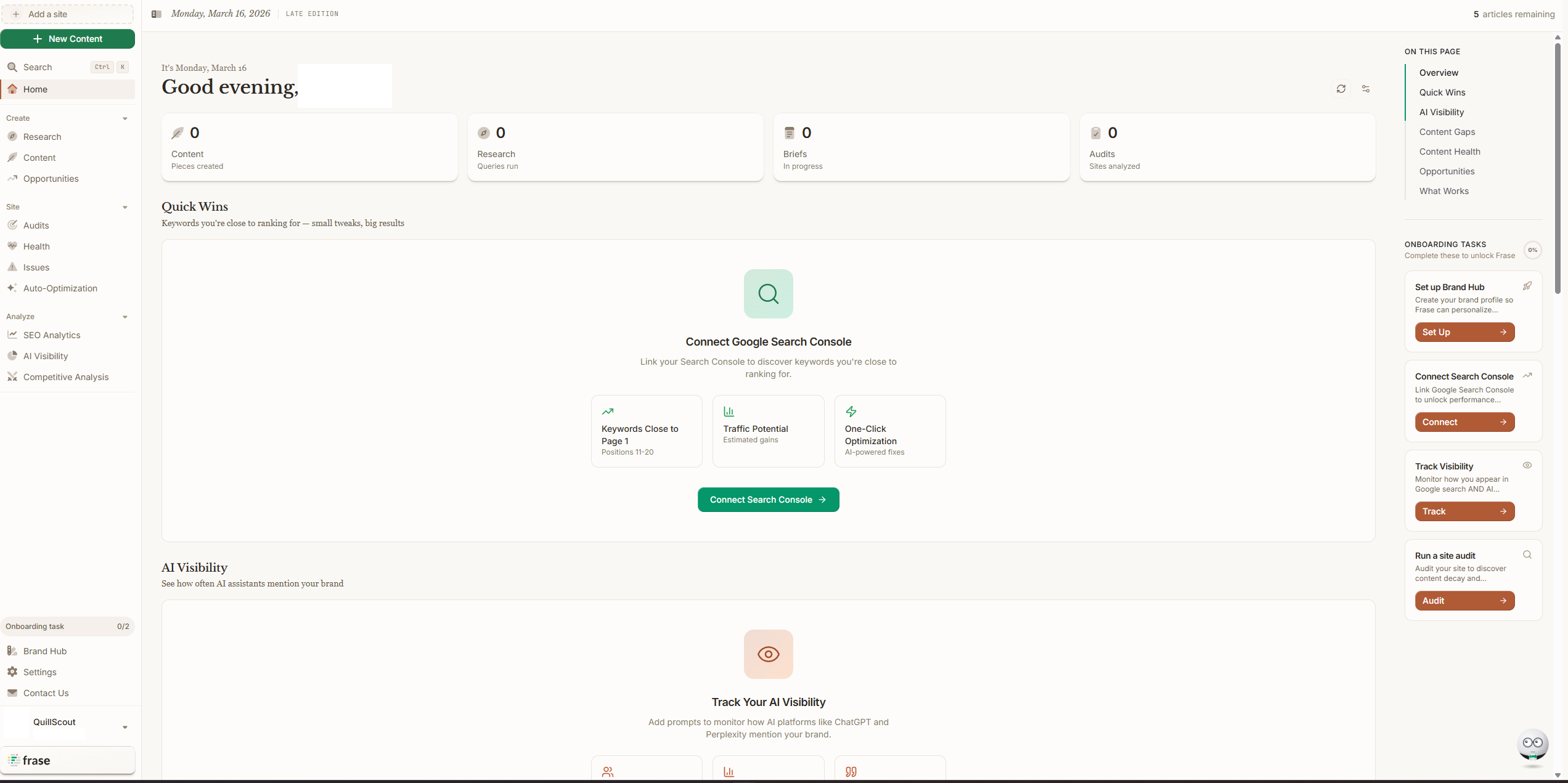 Frase dashboard with content briefs