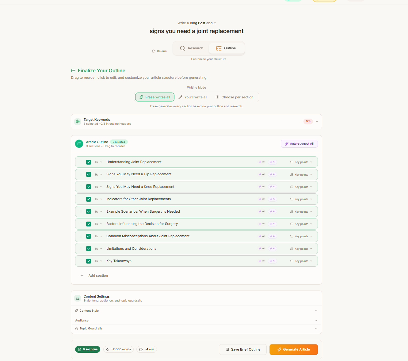 Frase.io content brief for a healthcare keyword