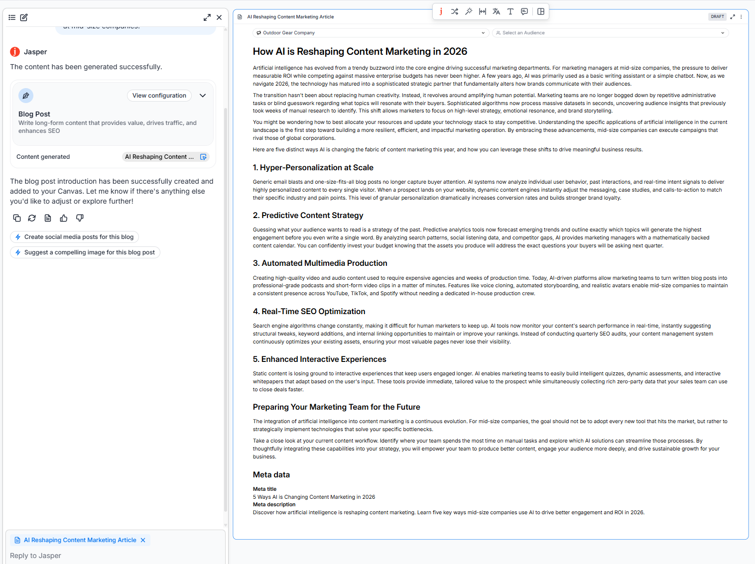 Jasper blog editor interface