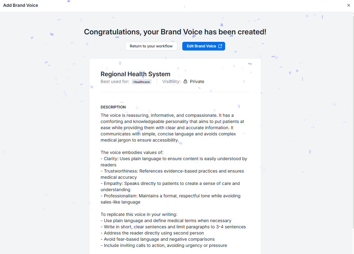 Jasper AI brand voice configuration for healthcare content