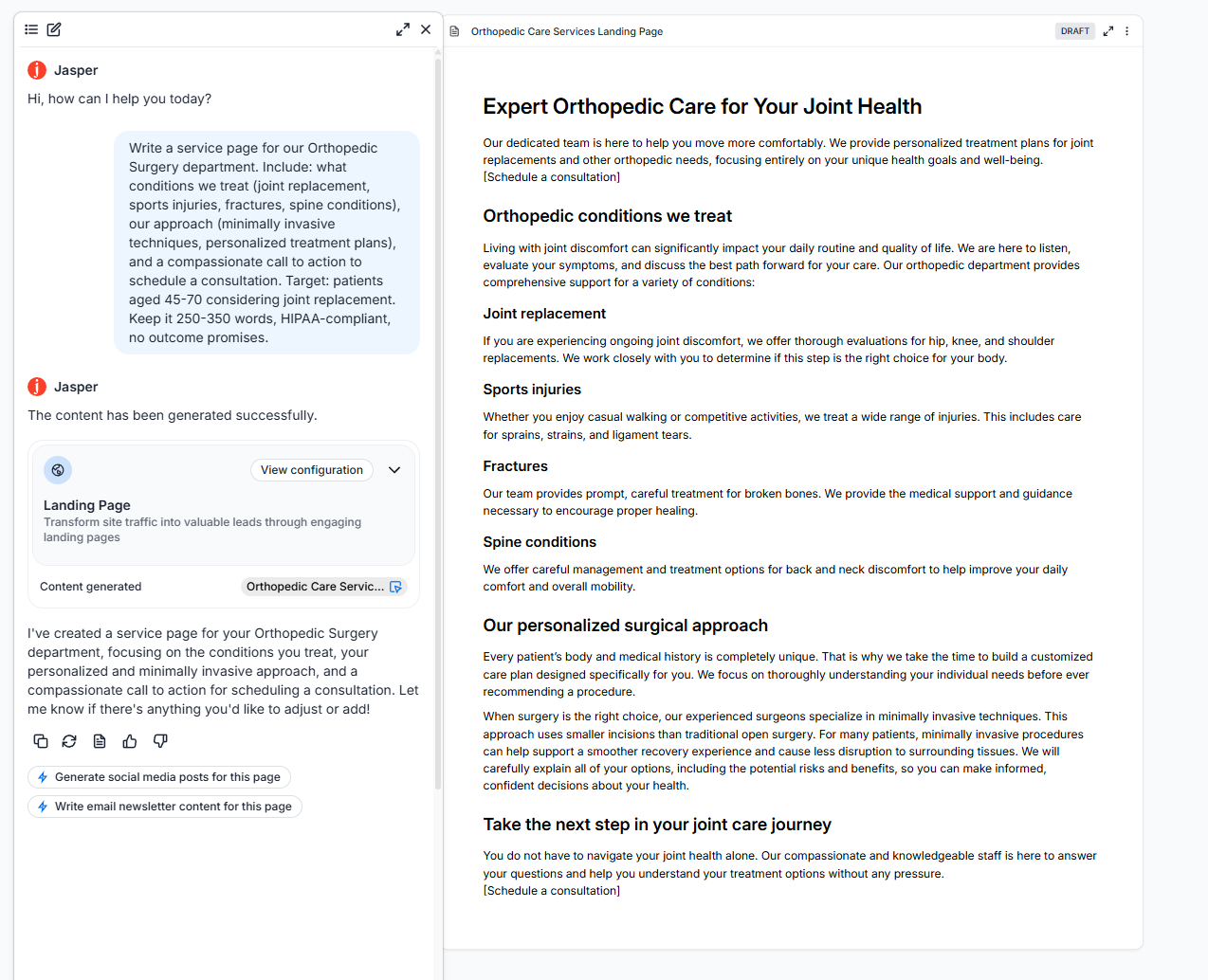 Jasper AI generating a hospital service line page
