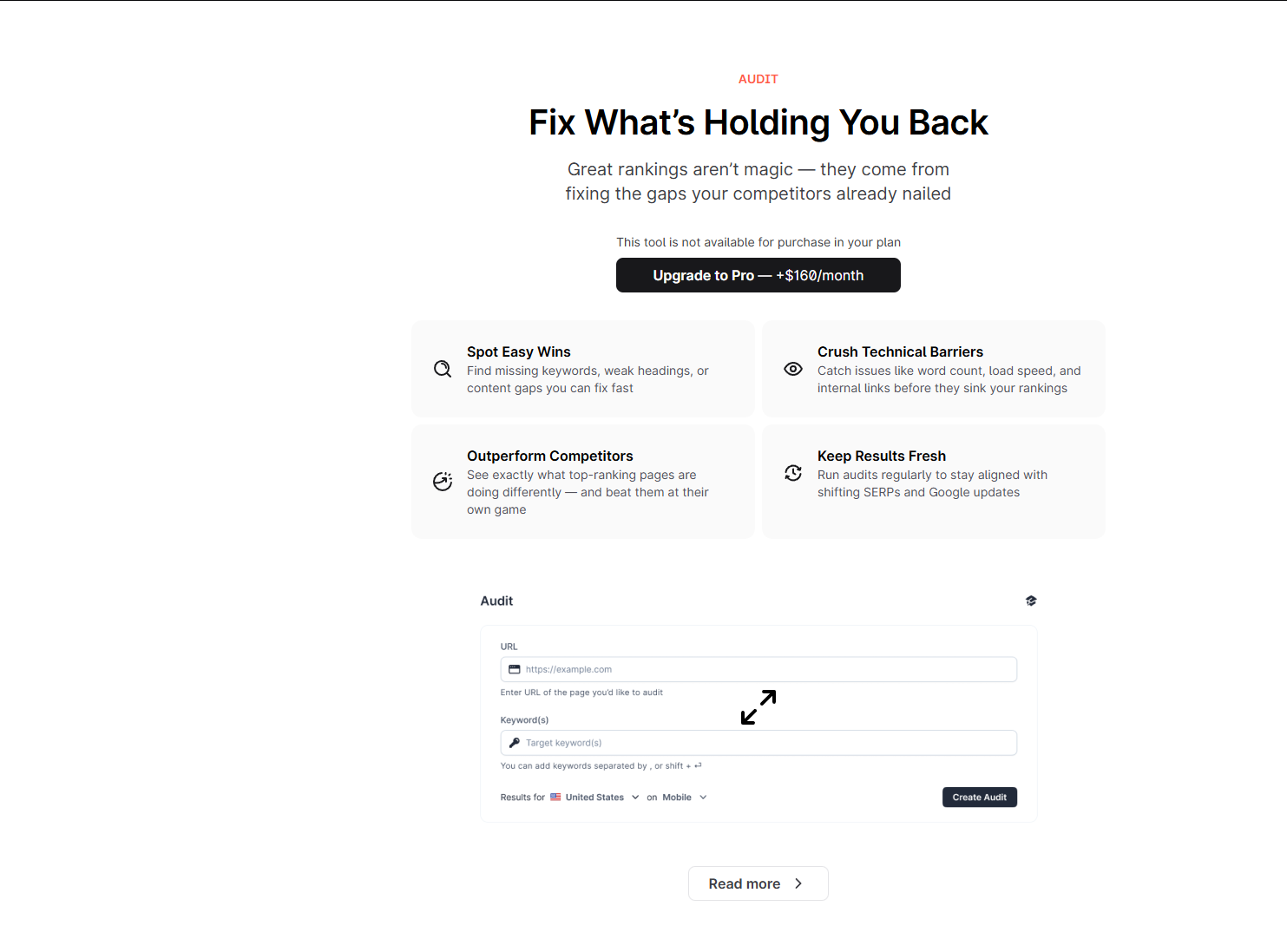 Surfer SEO Content Audit recommendations for an existing article
