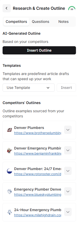 Surfer SEO Content Score with Research, Create, and Outline workflow