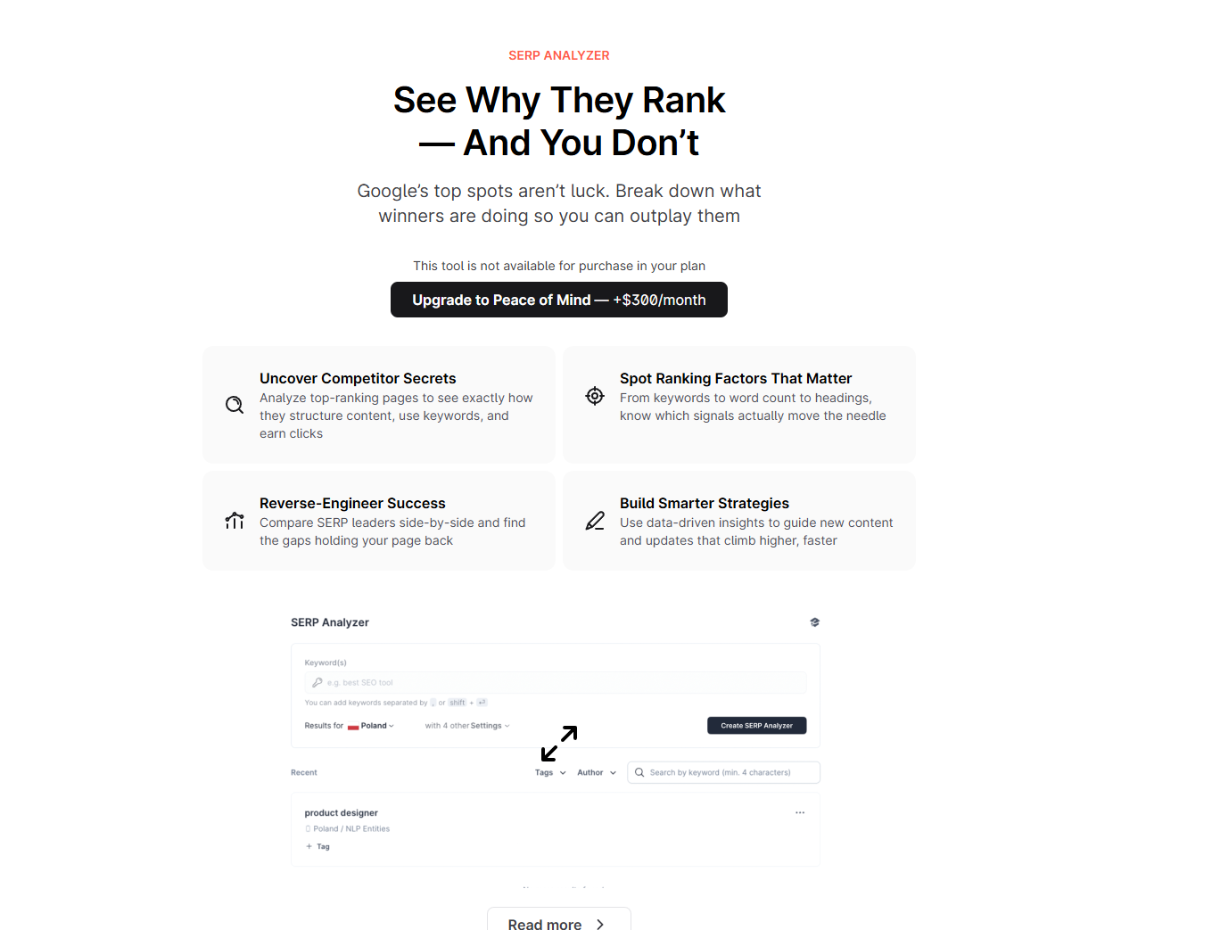 Surfer SEO SERP Analyzer with competitor comparison data