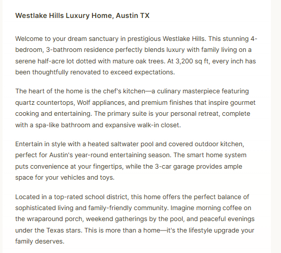 Writesonic bulk listing generation for a Westlake Hills luxury home